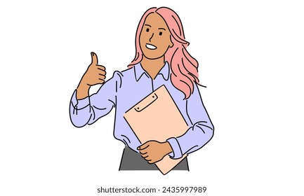 line art color of confident businesswoman thumbs up