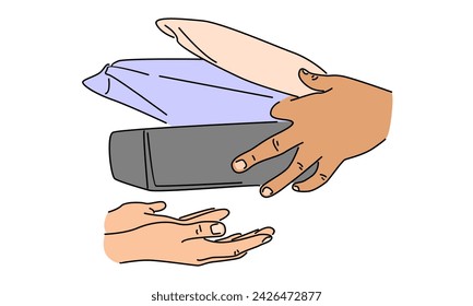 line art color of the courier passes the client a package