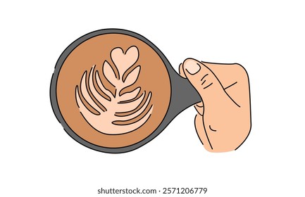 line art color of cup with heart cappuccino latte art