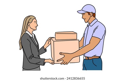 line art color of delivery man with carton box packages