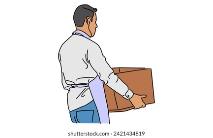 line art color of deliveryman with carton box packages vector illustration
