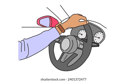 line art color of driver holds steering wheel vector illustration