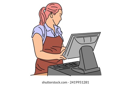 line art color of female cashier at supermarket vector illustration