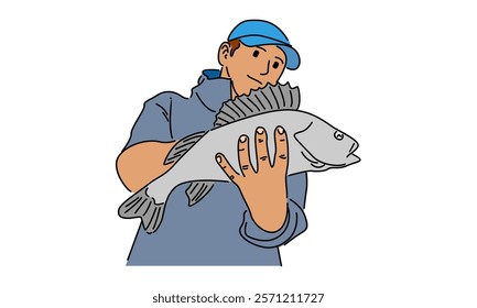 line art color of fisherman illustration