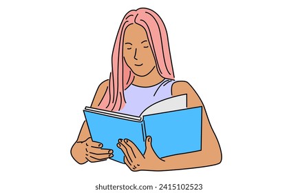 line art color of girl reading book vector illustration