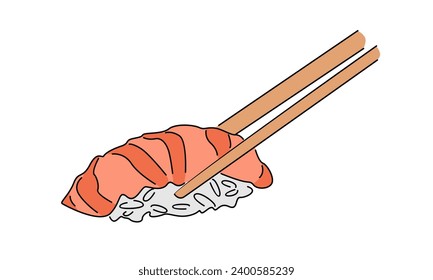 line art color of hand holding chopsticks with sushi
