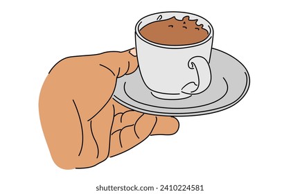 color de la mano del arte de la línea sujetando una taza de café