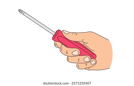 line art color of hand holding a screwdriver