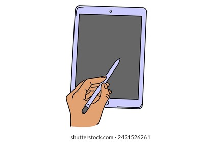 line art color of hand with stylus pen writing on tablet