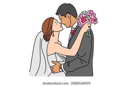 line art color of happy married man and woman. Romantic young wedding couple