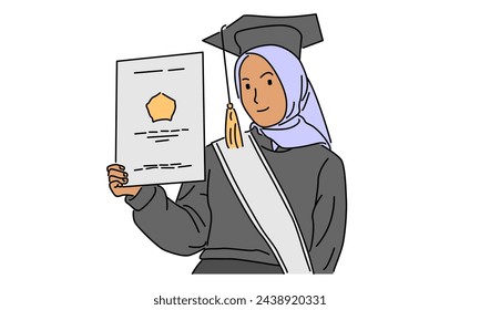 line art color of hijab woman celebrating graduation