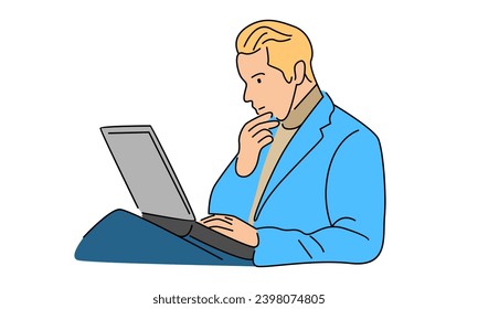 line art color illustration of man at his desk is working on the laptop computer