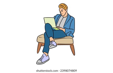 line art color illustration of man at his desk is working on the laptop computer
