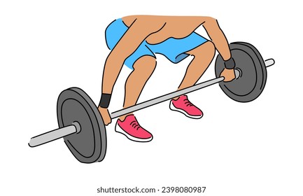 line art color illustration of weightlifter man preparing for barbell workout in gym