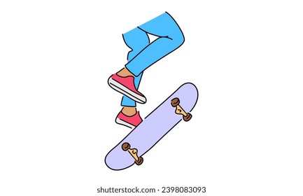 line art color illustration of young cool skateboarder man riding skate and performing jump trick