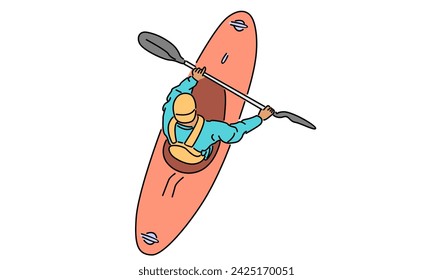 line art color of kayaker doing extreme rafting on wave vector illustration