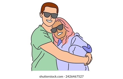 line art color of loving couple hugging