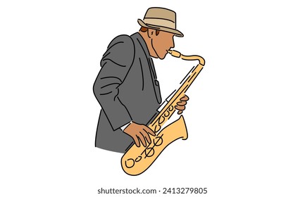 color de arte de línea de saxofonista masculino con sombrero interpretando ilustración saxofónica vectorial