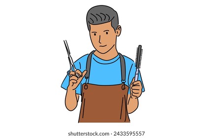 line art color of man barber masculine holding comb and scissors
