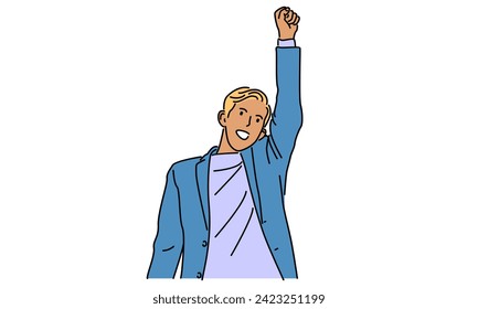 line art color of man stands with a hand raised vector illustration