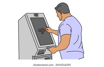 line art color of man taking money from the ATM vector illustration