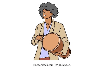 line art color of man with traditional African ethnic drum, djembe vector illustration