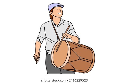 line art color of man with traditional African ethnic drum, djembe vector illustration