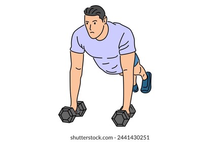 line art color of man training push up with dumbbell