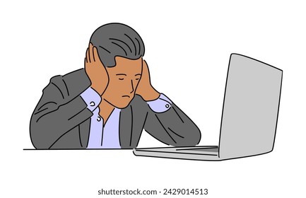 line art color of overworked businessman is under stress with headache