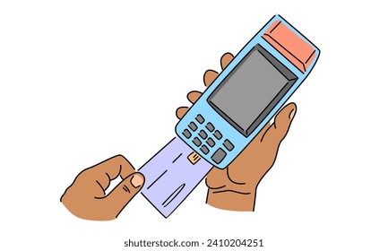 line art color of payment machine pos terminal with credit card
