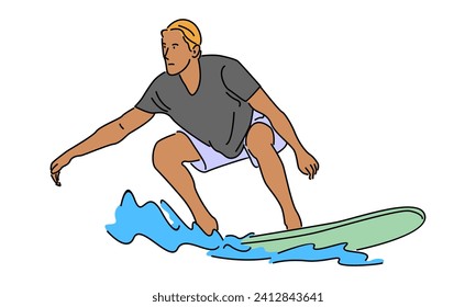 line art color of surfer in action riding the waves vector illustration