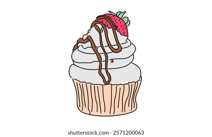 line art color of sweet muffin cake. Delicious cupcake shop menu and restaurant badge concept