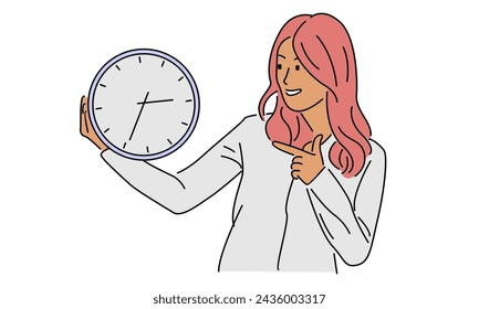 line art color of time management businesswoman showing alarm clock