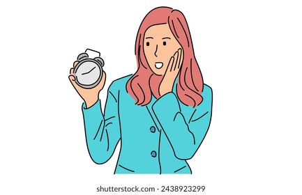 line art color of time management businesswoman showing alarm clock