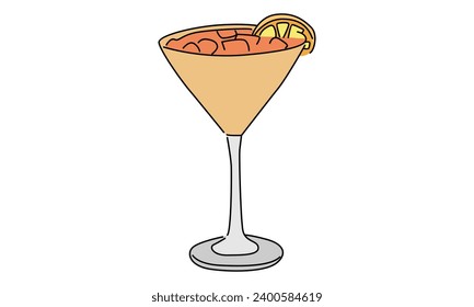 line art color of wineglass cocktail and lemon