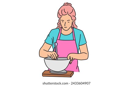 line art color of woman cooking food