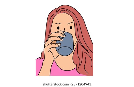 line art color of woman drinking a cup of hot drink