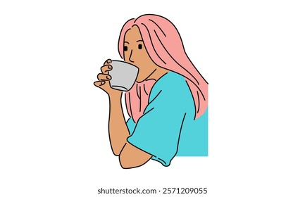 line art color of woman drinking a cup of hot drink