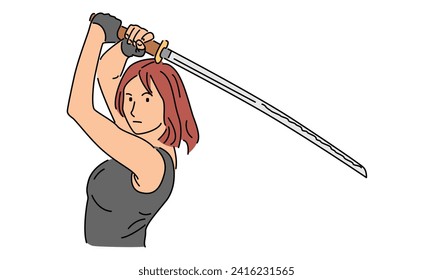 line art color of woman holding japan sword vector illustration