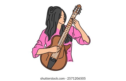 line art color of woman playing acoustic guitar