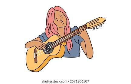 line art color of woman playing acoustic guitar