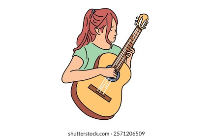 line art color of woman playing acoustic guitar