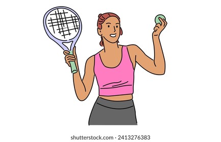 line art color of woman tennis player vector illustration