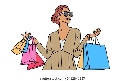 line art color of young woman holding paper bags vector illustration