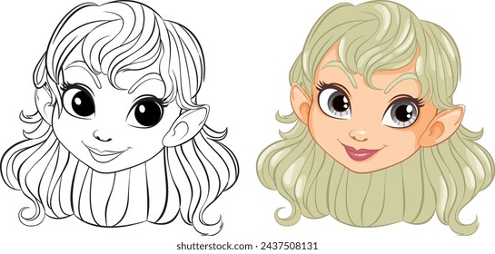 Line art and colored illustration of a cheerful elf girl.