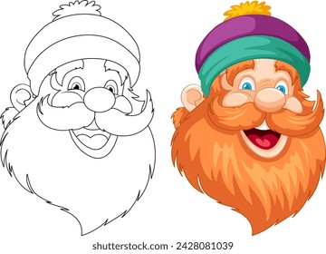 Line art and colored illustration of a happy gnome.