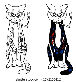 Line Art And Colored Japaneese Cat Tatoo Design. Cat Sitting Straight With The Glasses Smoking A Cigarette. Vector Illustration.