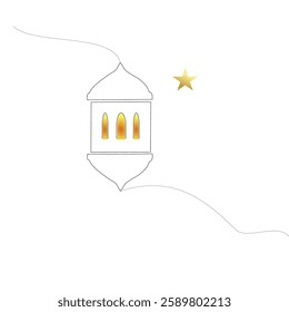 line art of colored lanterns and stars. Ramadan Kareem banner in simple style. Scribble contour. Eid Mubarak design elements. continuous line.