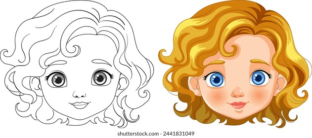 Línea de arte y versión de color de la cara de una niña