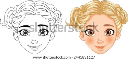 Line art and colored version of a girl's face